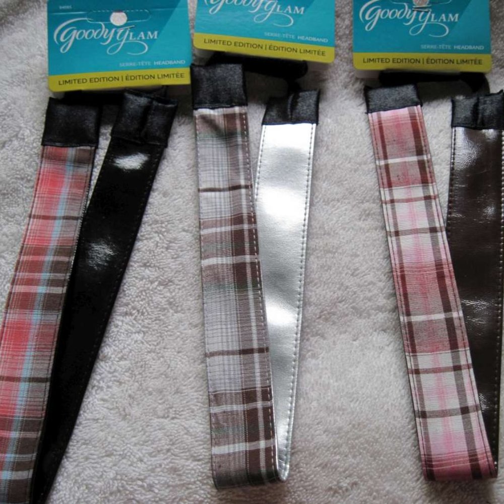 3 Goody Glam Wide Reversible Shiny Silver Pleather Plaid School Girl Headbands